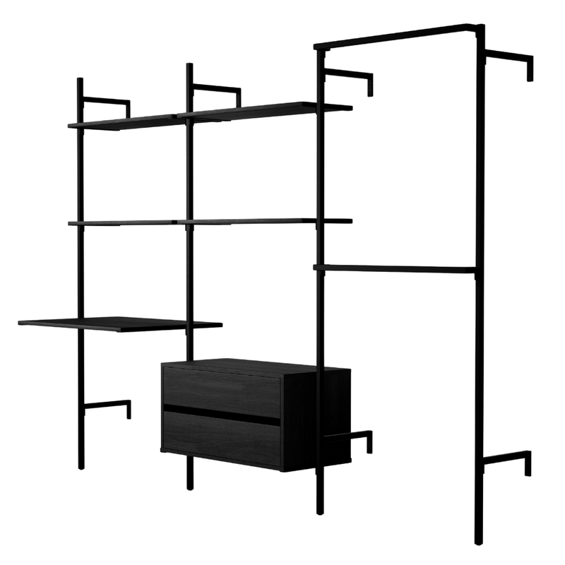 Frame Walk-In 3 rækker med skrivebord - (2 hylder + 1 skrivebord / 2 hylder + 1 kommode / 2 bøjlestænger)