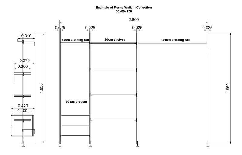 Frame Walk-In 3 rækker med kommoder - (1 bøjlestang + 1 kommode / 2 bøjlestænger / 1 bøjlestang + 1 kommode)
