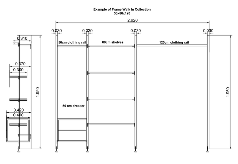 Frame Walk-In 3 rækker med kommode - (2 bøjlestængner / 1 bøjlestang + 1 kommode / 2 bøjlestængner)