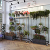 Tøjstativ i mørke vandrør på hjul og med tophylde til blomsterophæng / blomster butik