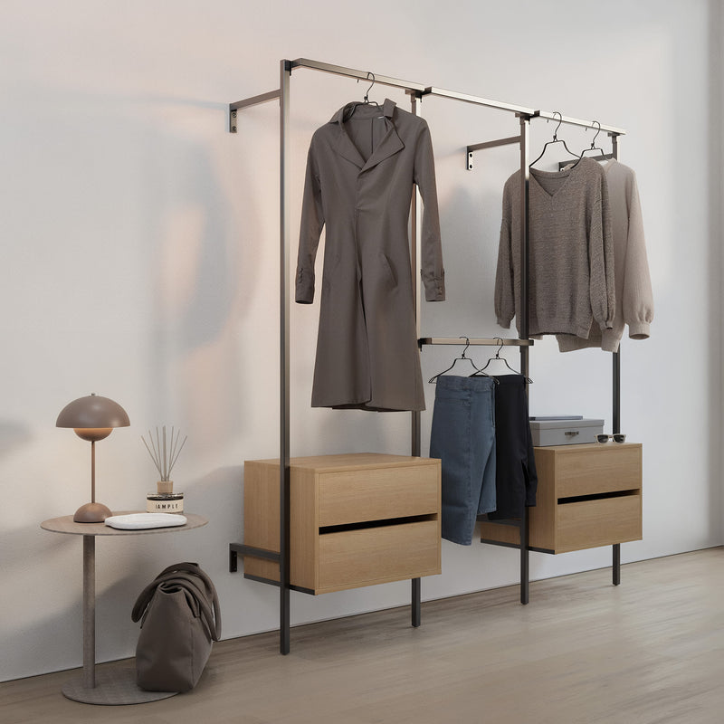 Frame Walk-In 3 rækker med kommoder - (1 bøjlestang + 1 kommode / 2 bøjlestænger / 1 bøjlestang + 1 kommode)