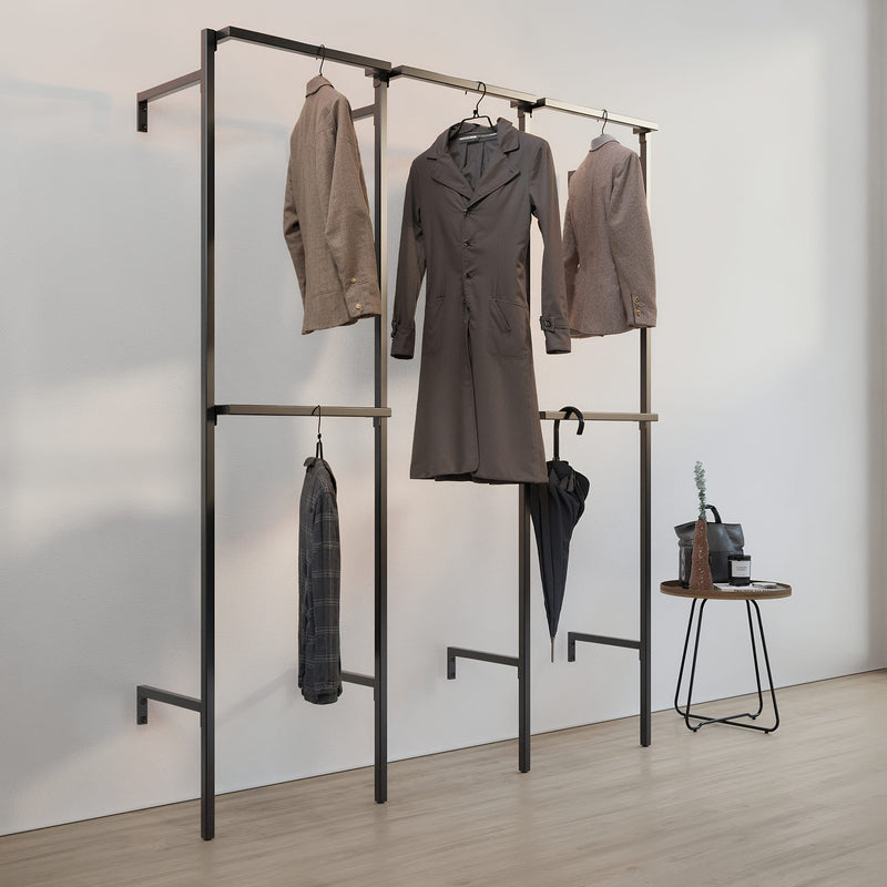 Frame Walk-In 3-rækker garderobesystem - (2 bøjlestænger / 1 bøjlestang / 2 bøjlestænger)