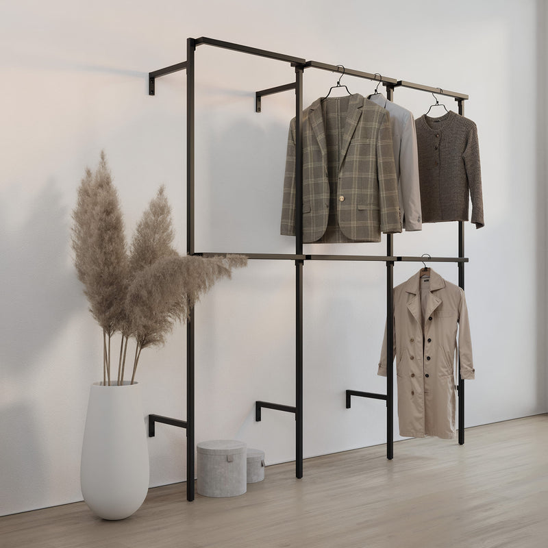 Frame Walk-In 3-rækker garderobesystem - (2 bøjlestænger / 2 bøjlestænger / 2 bøjlestænger)