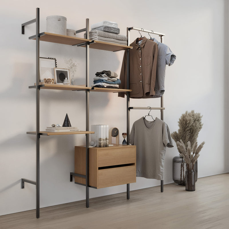 Frame Walk-In 3 rækker med skrivebord - (2 hylder + 1 skrivebord / 2 hylder + 1 kommode / 2 bøjlestænger)