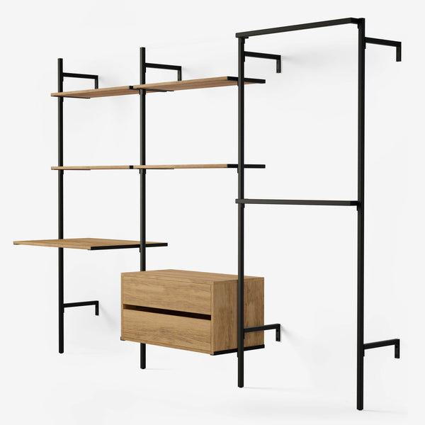 Begehbarer Kleiderschrank aus schwarzen, quadratischen Eisenrohre mit doppelter Kleiderstange, 4 Regalböden, Schreibtisch und Kommode aus klassischer Eiche