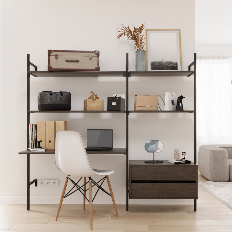 modernes Regalsystem mit integrierten Schubfächern und Schreibtisch als funktionales Homeoffice Setup