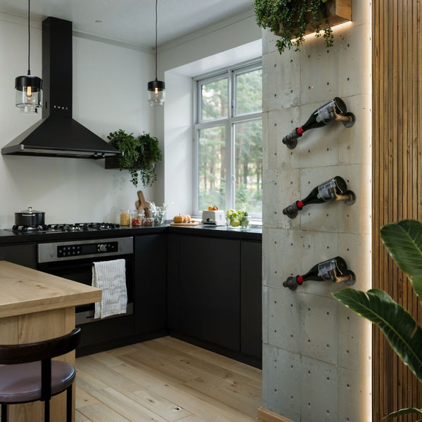 Wandmontierten Weinflaschenträger mit drei Flaschen an einer Betonwand in moderner Küche mit Holz- und Schwarzelementen