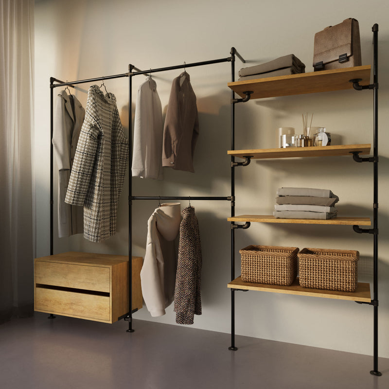 Original Walk-in 3 række med kommode - (1 hæng + 1 kommode / 2 hæng / 4 hylder)